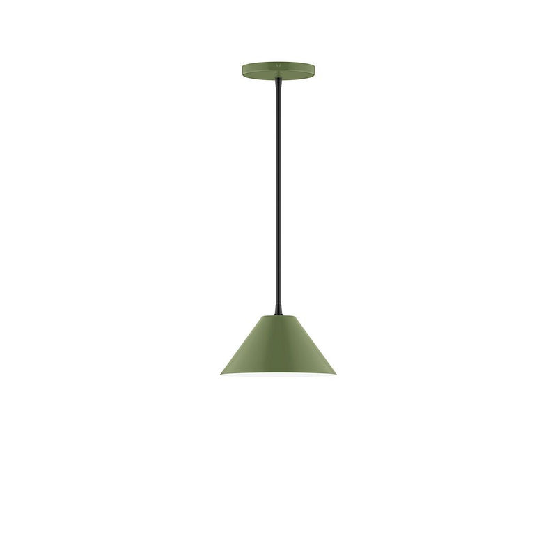 LED pendant light with fern green bell shade and straight black cord