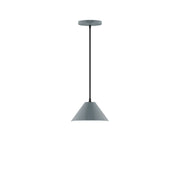 Slate gray LED pendant with tapered bell shade and straight suspension rod