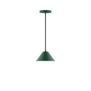 Forest green 8-inch pendant lamp with conical shade and straight hanging stem