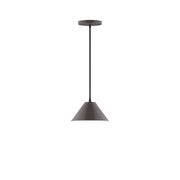LED pendant light with architectural bronze dome shade and black cord, round canopy