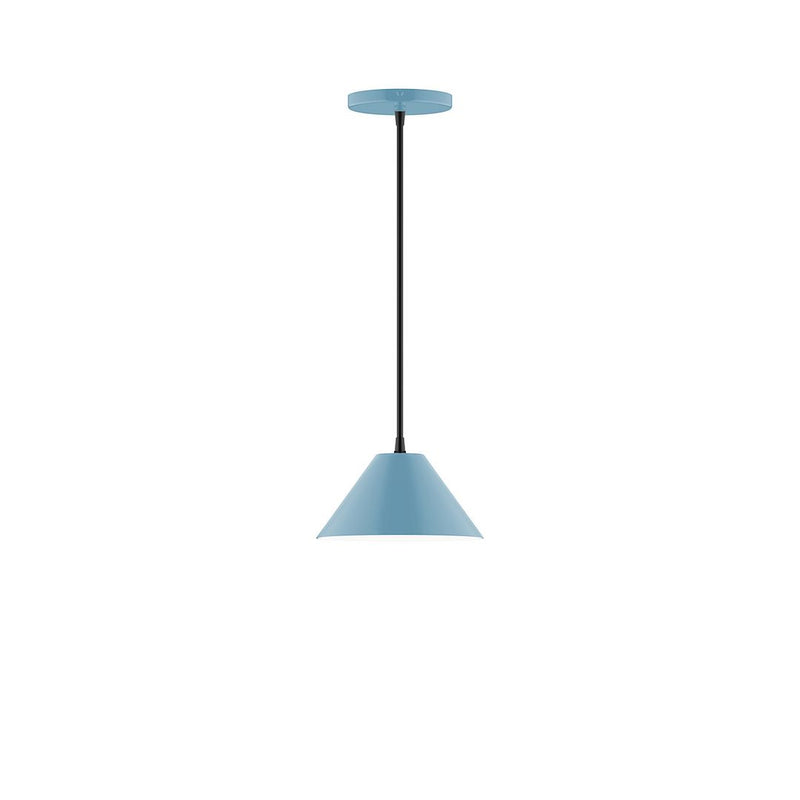 Light blue 8-inch pendant lamp with bell shade, black cord, round ceiling canopy