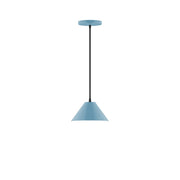 Light blue LED pendant lamp with tapered fabric shade and round canopy