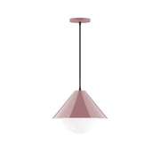 Mauve glass globe pendant light with conical shade and black cord, 12 in
