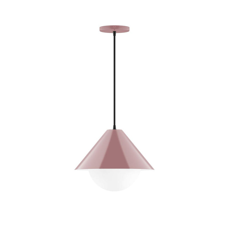 Mauve glass globe pendant light with conical shade and black cord, 12 in