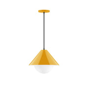 Bright yellow pendant with tapered shade and frosted glass globe, 12" length.