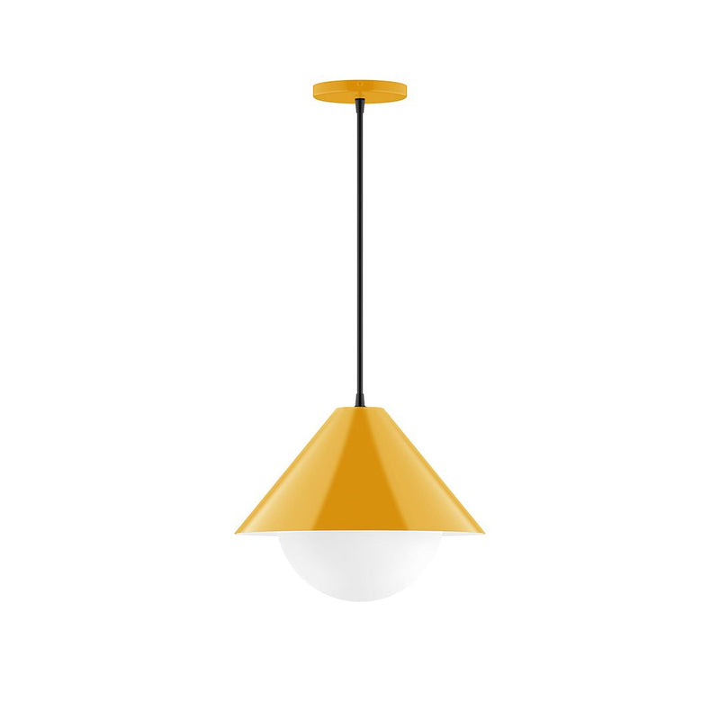 Bright yellow pendant with tapered shade and frosted glass globe, 12" length.
