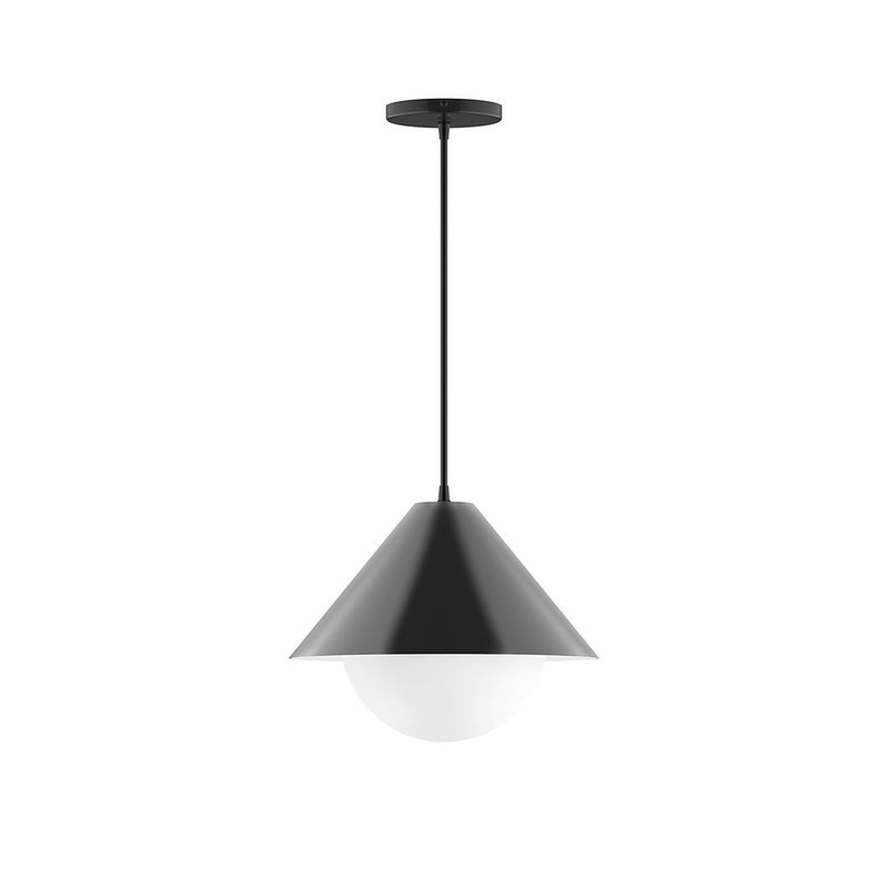 Black pendant light with frosted glass globe and conical shade