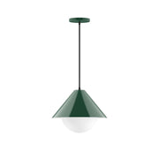 Forest green pendant light with bell shade and frosted glass globe