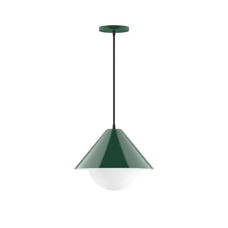 Forest green pendant light with clear glass globe and bell-shaped shade