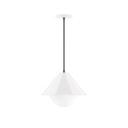 White glass globe pendant light with conical shade and black cord, 12 in.