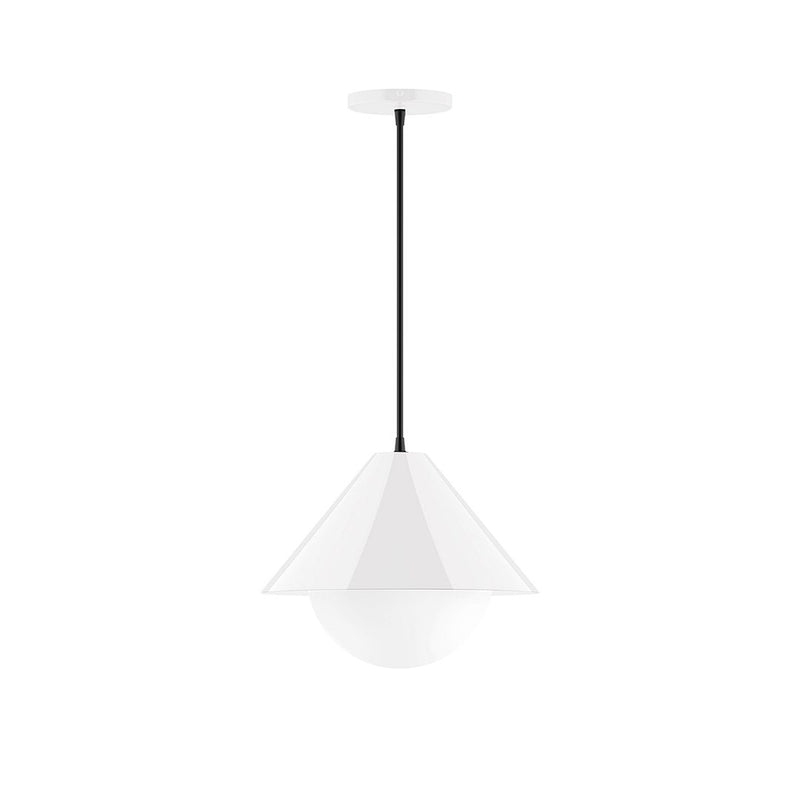 White glass globe pendant light with conical shade and black cord, 12 in.