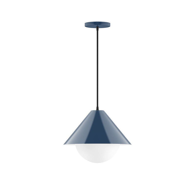 Navy cone pendant light with frosted glass globe
