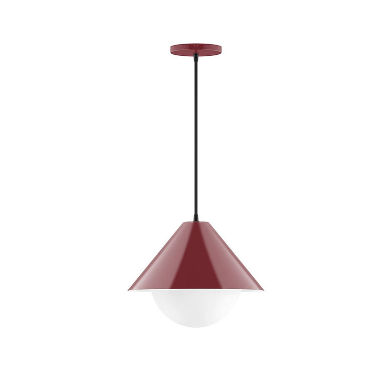 Barn red pendant light with bell shade and frosted glass globe
