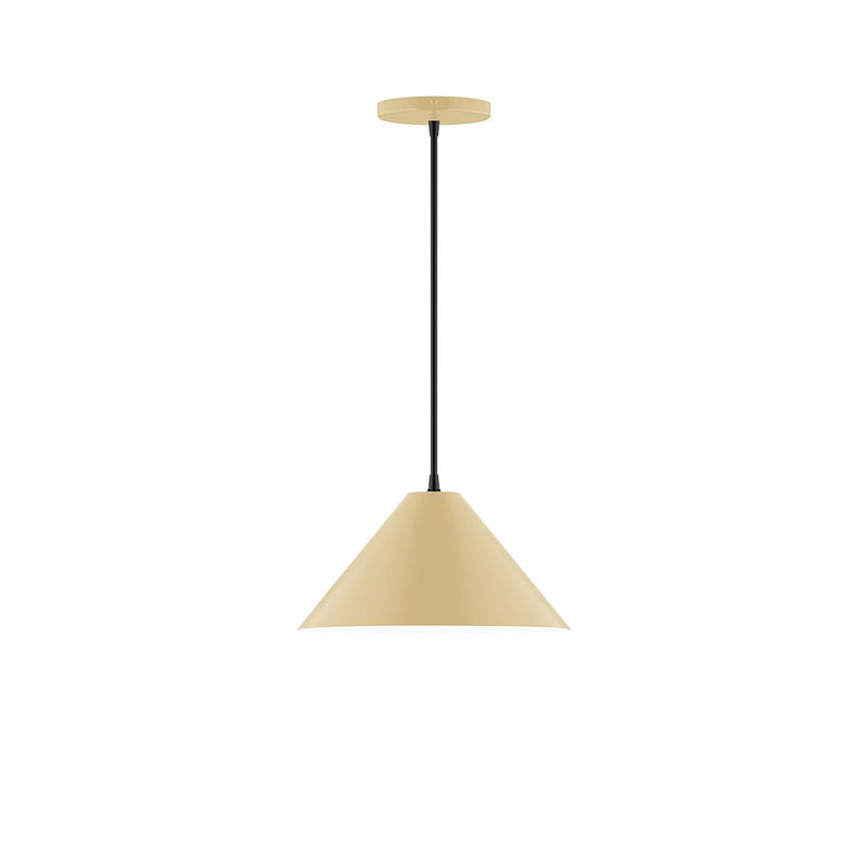 Ivory fabric pendant light shade with black cord and circular ceiling canopy