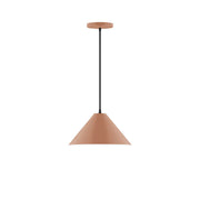 Terracotta pendant light with cone shade, black cord, and round ceiling canopy.