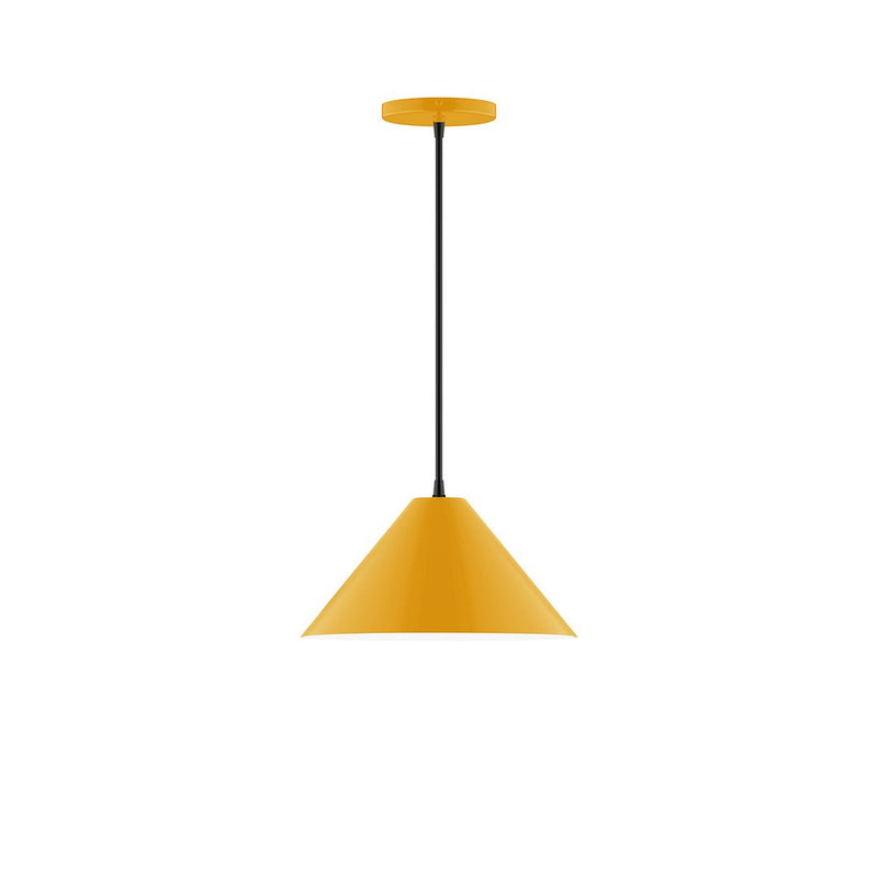 Bright yellow pendant light with conical shade, black cord, and round ceiling canopy