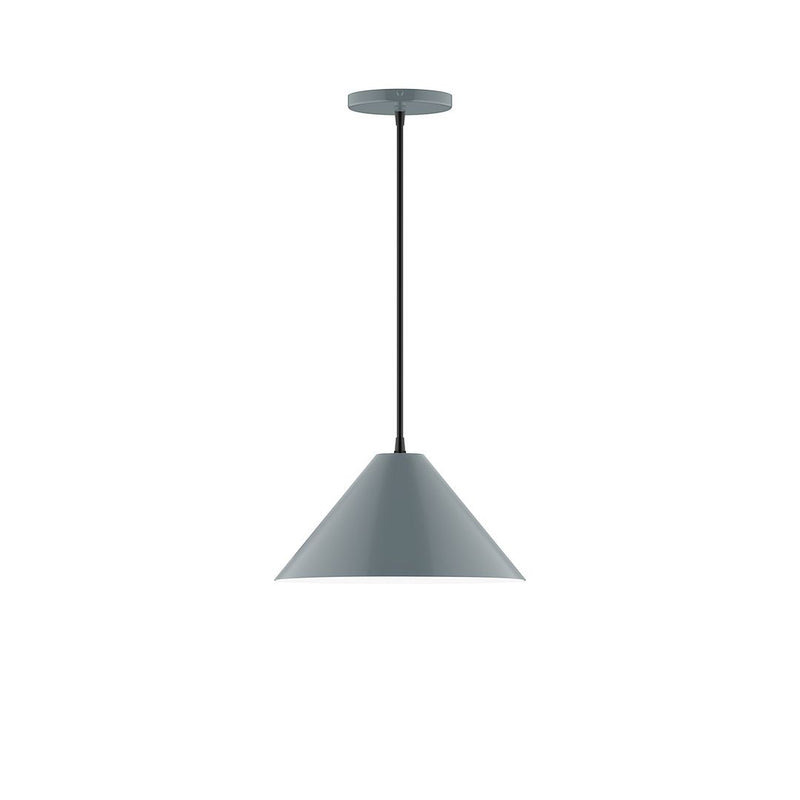 Slate gray LED pendant light with tapered fabric shade and straight hanging cord