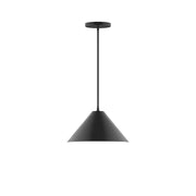 Black LED pendant light with flared cone shade and straight hanging stem