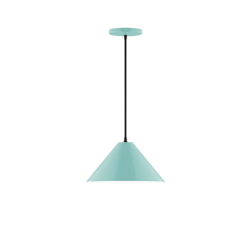 Sea green 12-inch pendant light with wide bell shade, black cord, and ceiling canopy