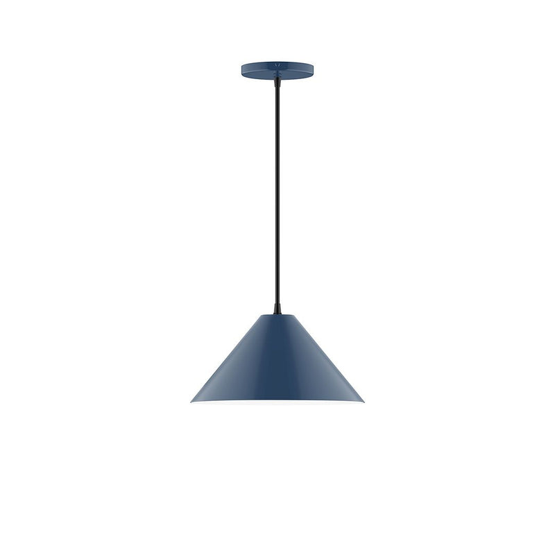 Navy LED pendant light with trapezoid shade and straight black cord