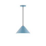 Light blue pendant light with bell-shaped shade and black cord, round ceiling canopy.