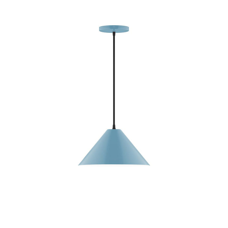 Light blue LED pendant lamp with bell-shaped shade and black hanging cord