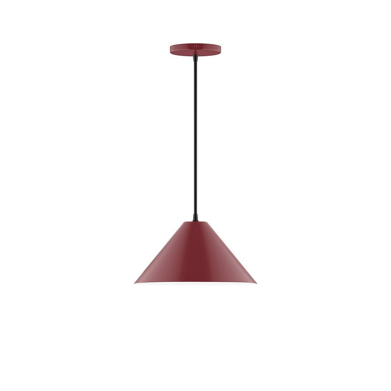 Barn red pendant light with fabric cone shade and round ceiling canopy