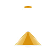 Bright yellow pendant lamp shade with black cord and round ceiling cap