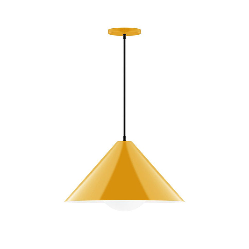 Bright yellow pendant light with cone shade and black hanging cord