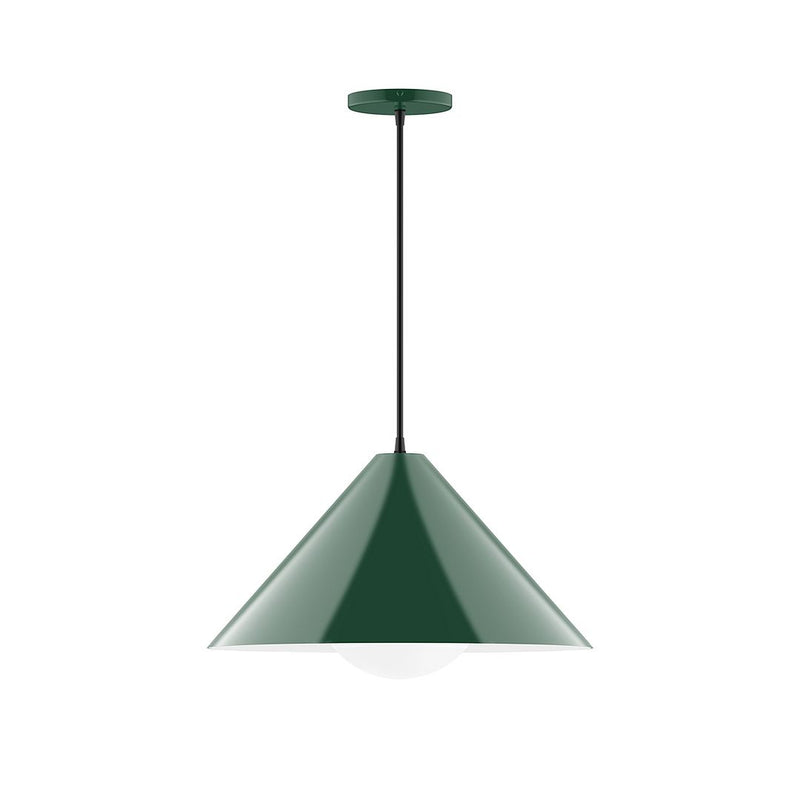 Forest green bell-shaped pendant shade with clear glass globe