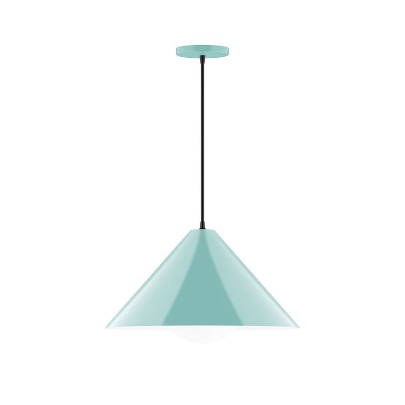Sea green pendant lamp with bell shade, black stem, and round ceiling canopy