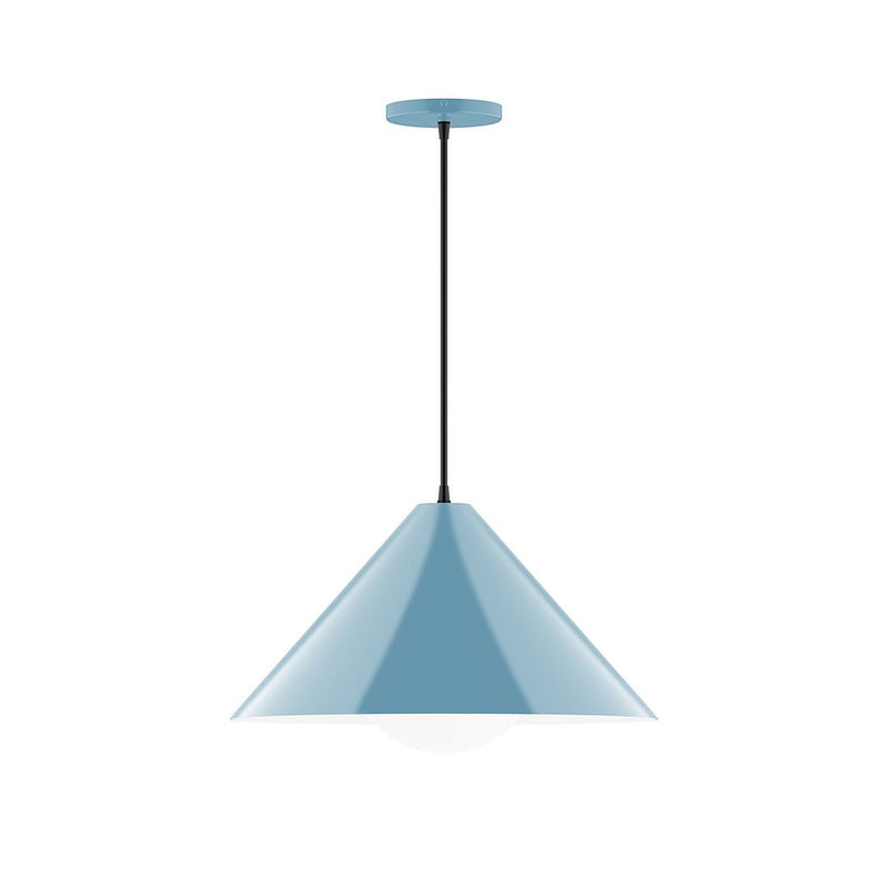 Pendant light with light blue fabric shade and black stem, round ceiling canopy