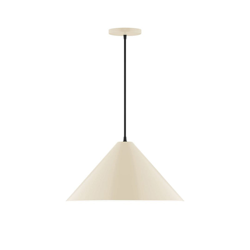 Cream fabric LED pendant with conical shade and dark cord, 18-inch hanging length