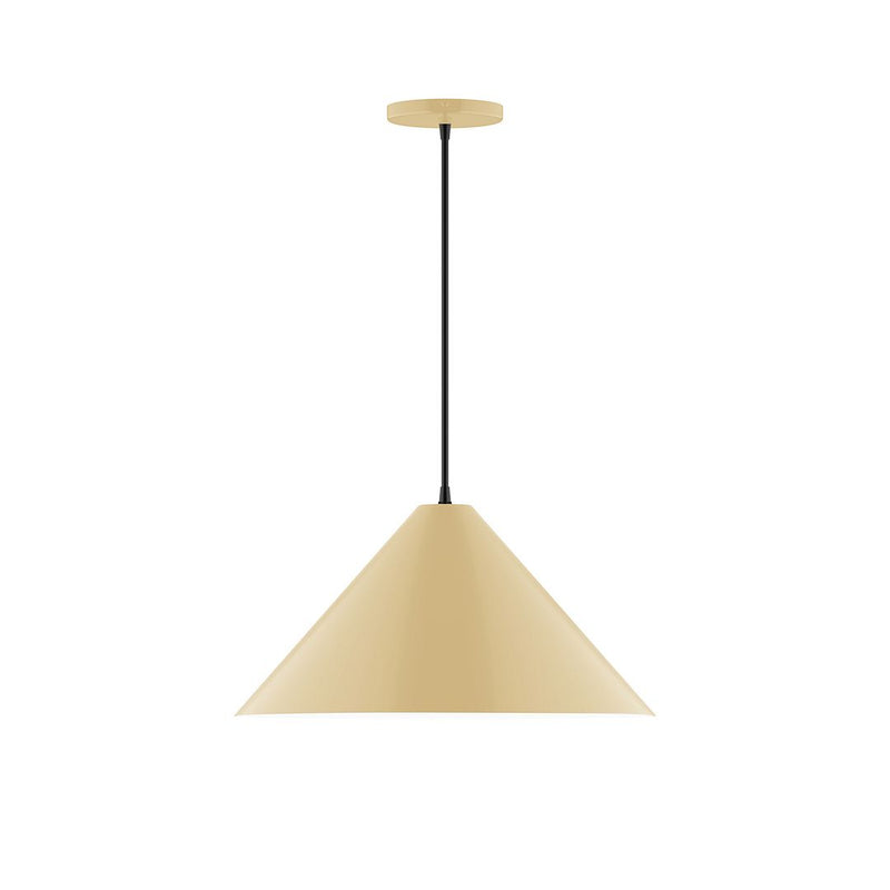 Ivory LED pendant light with cone shade, black cord, round ceiling canopy
