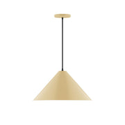 Ivory bell-shade pendant light with black cord and round ceiling canopy