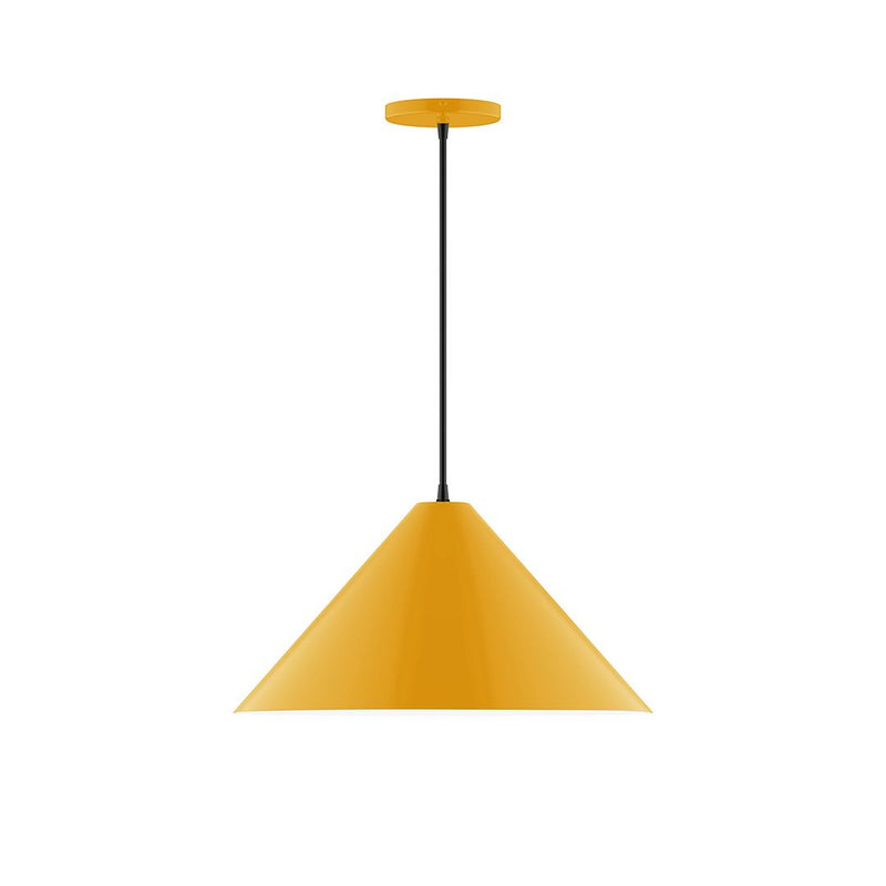 Bright yellow pendant light with trapezoid shade, black cord, ceiling canopy