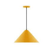 Bright yellow 18-inch cone pendant light with black stem and round ceiling canopy.
