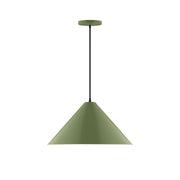 Fern green LED pendant light with conical shade and ceiling canopy