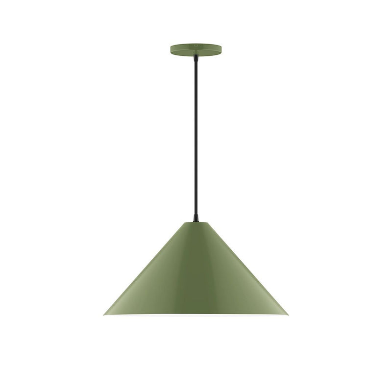 Fern green LED pendant light with conical shade and ceiling canopy