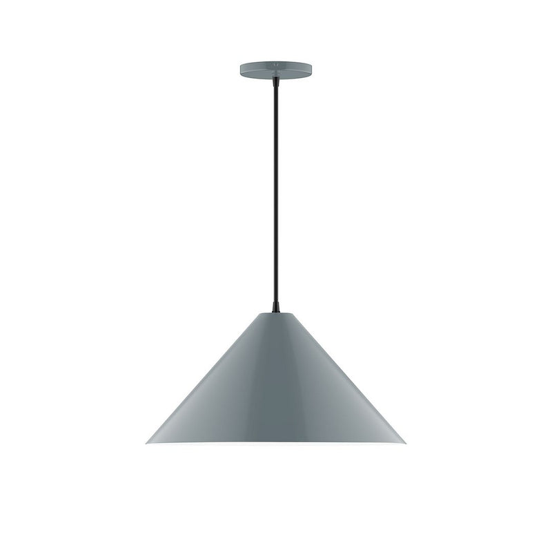 Slate gray bell pendant light with fabric-wrapped cord and round ceiling canopy
