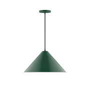 Forest green cone pendant light with round canopy and hanging rod.