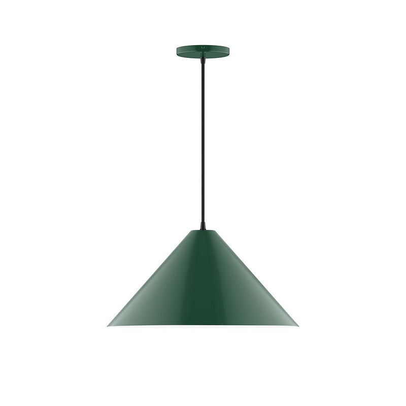 Forest green cone pendant shade with matching canopy and straight hanging rod