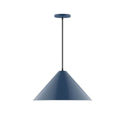 Navy LED pendant light with conical shade and straight hanging cord, 18 inch height