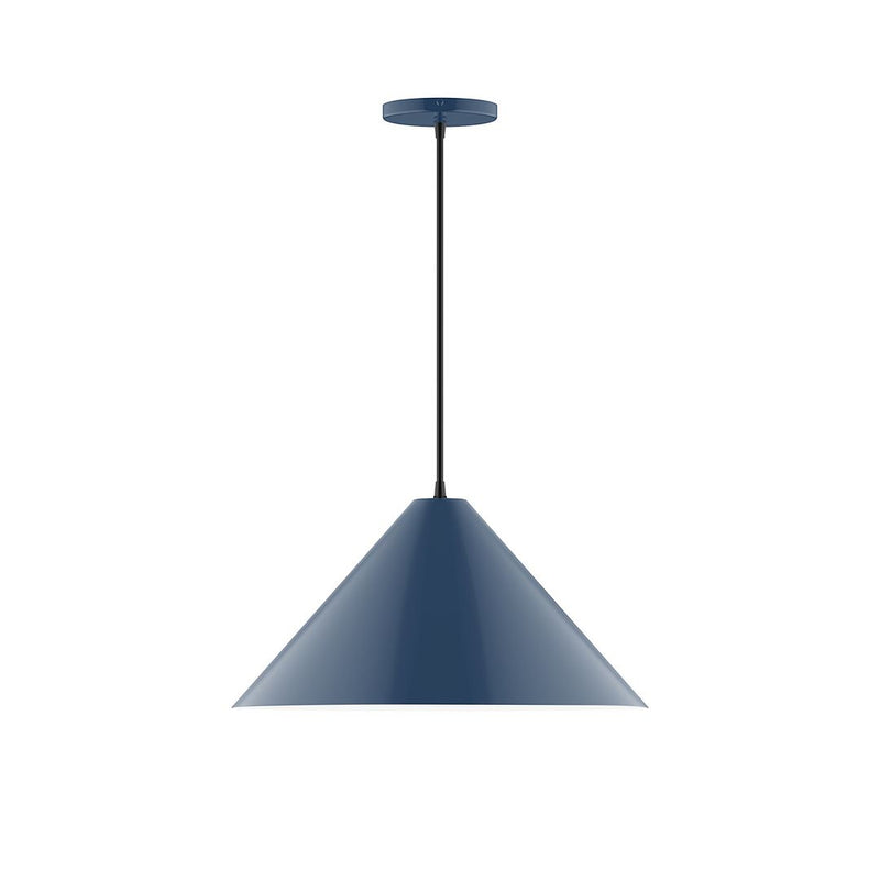 Navy LED pendant light with conical shade and straight hanging cord, 18 inch height