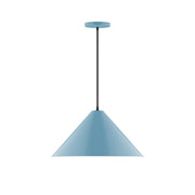 Light blue dome pendant light with black cord and round ceiling canopy