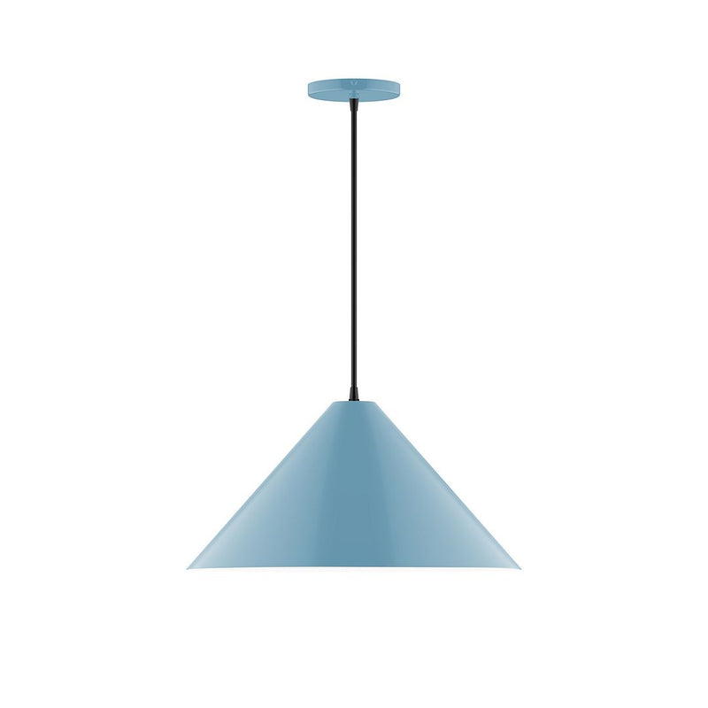 Light blue LED pendant light with flared bell shade and round ceiling canopy