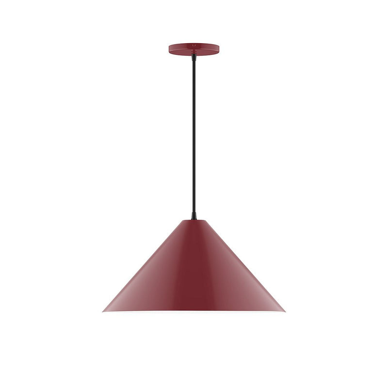 Barn red cone pendant light with black cord and round ceiling canopy