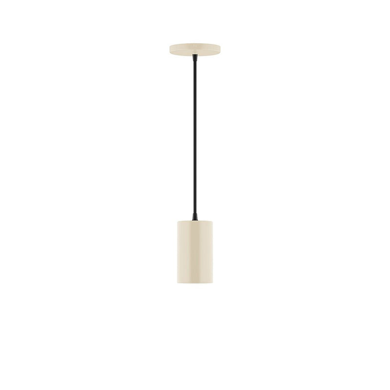 Cream cylindrical pendant light with black cord and round top canopy
