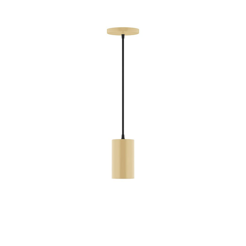 Ivory LED pendant light with round canopy and cylinder diffuser, black cord