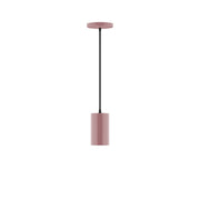Mauve LED pendant light with cylindrical diffuser and black cord.